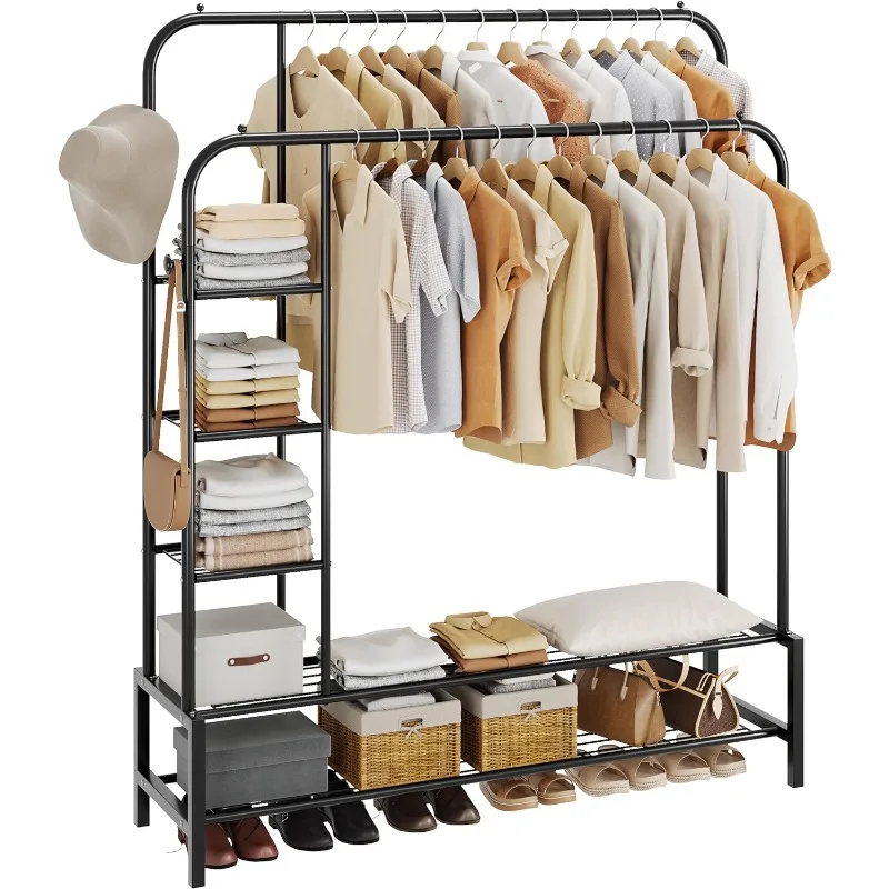 Double Rods Portable Garment Rack for Hanging Clothes, 49.4 * 64.7 Inch Metal Clothing Rack with Bottom Shelves