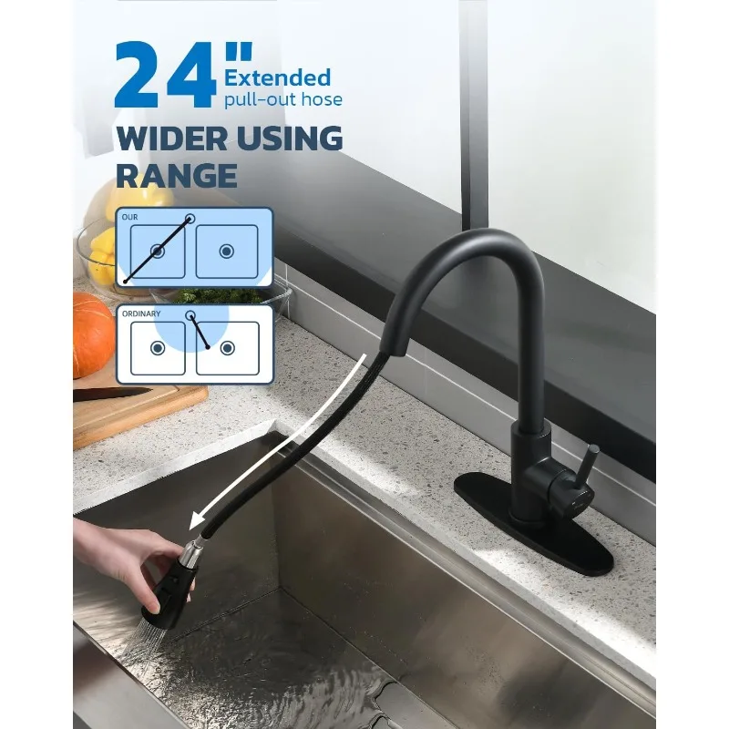 Arofa Matte Black Kitchen Faucet, Kitchen Sink Faucet with Pull Down Sprayer Single Handle Stainless Steel Modern for 1 or3 Hole