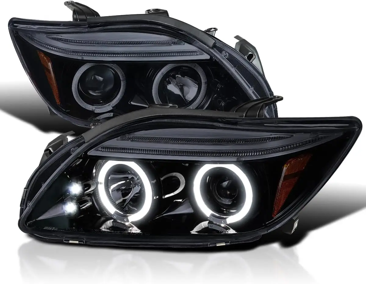

Dual Halo Glossy Black Housing Smoke Lens Projector LED Lamps Compatible with 2005-2010 Scion tC, Left + Right Pair Headlamps As