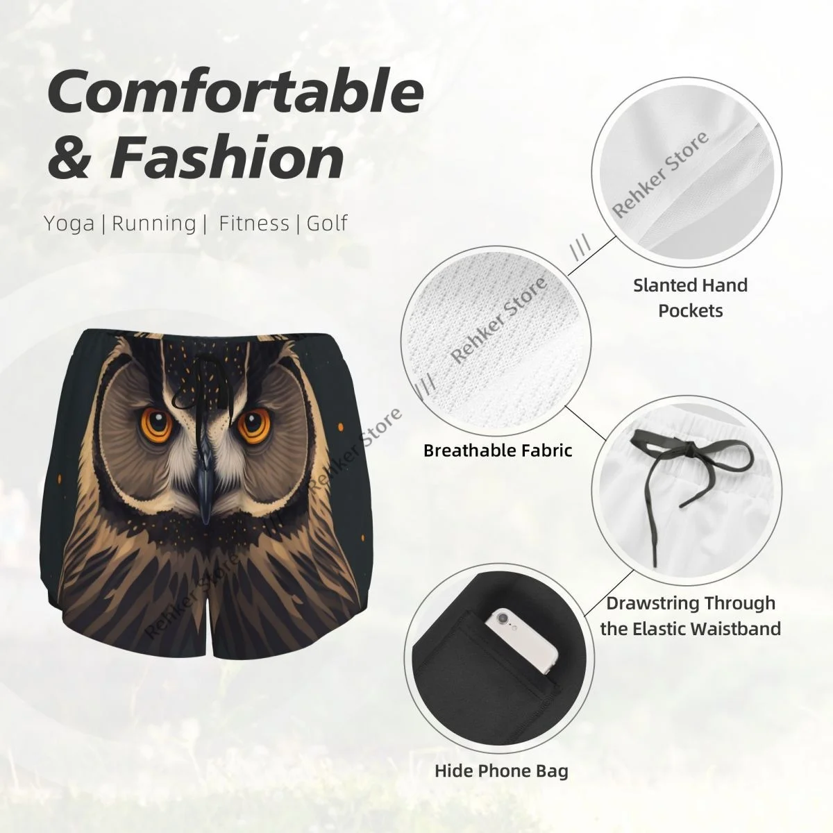 Short de sport pour femmes, Portrait de hibou, course à pied, Yoga, Fitness, entraînement de Badminton à séchage rapide avec poche