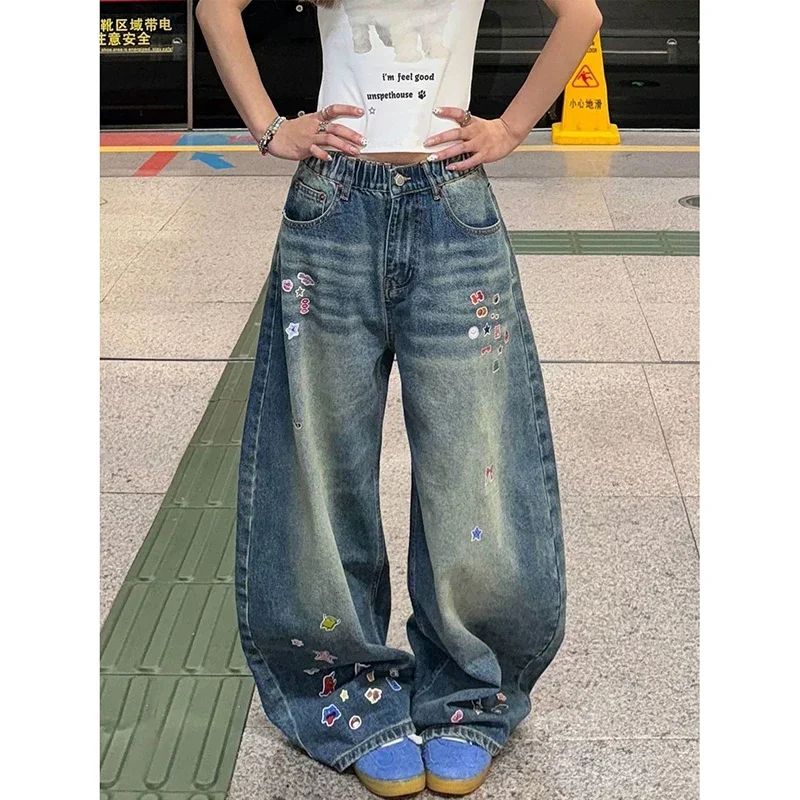 Summer Women's Cartoon Graffiti Jeans Harajuku Japanese 2000s Style Y2k Baggy Denim Trouser Vintage Oversize Jeans Pants Clothes
