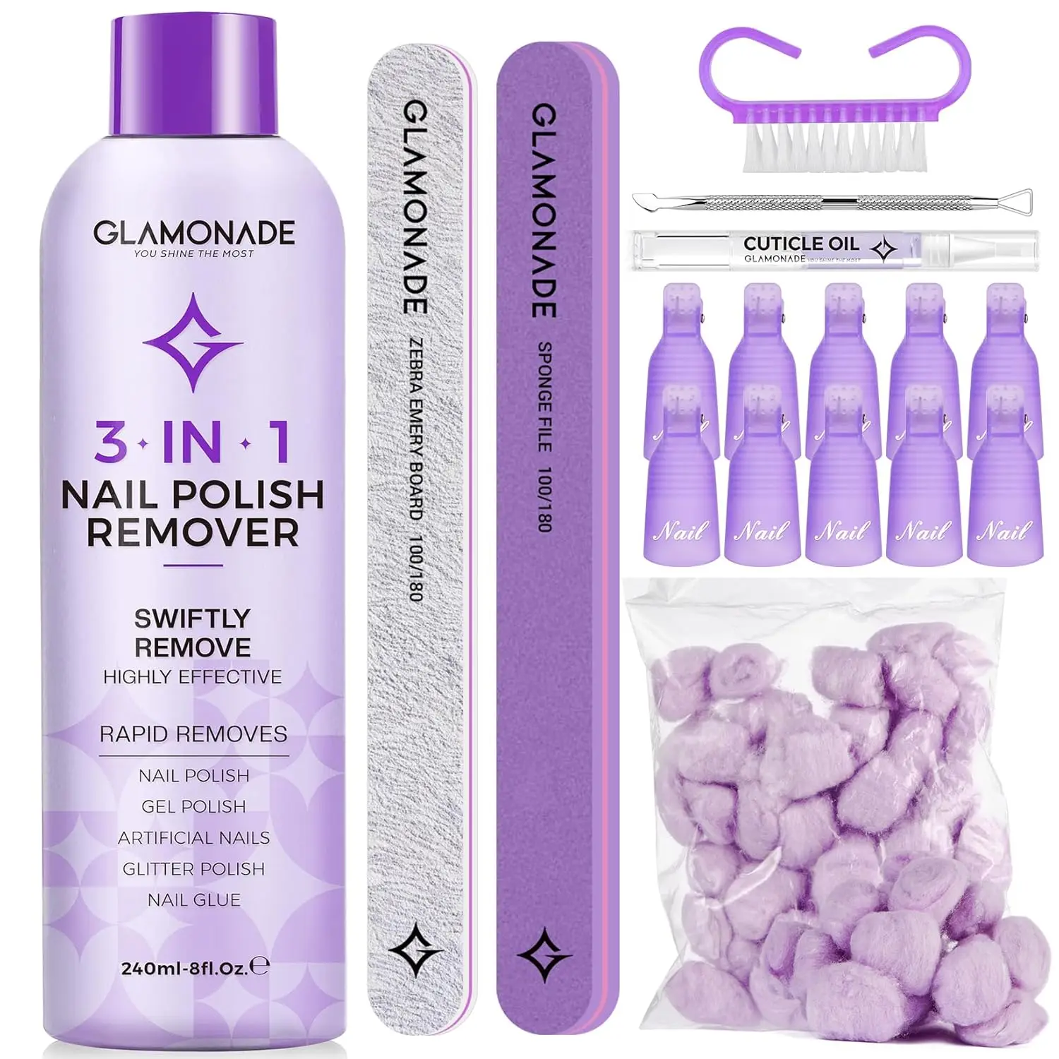 

Gel Polish Remover Kit: Includes Nail Cuticle Oil, Clips, File, Cotton Pads, Buffer Block, Peeler & Brush (8 Fl.Oz.)
