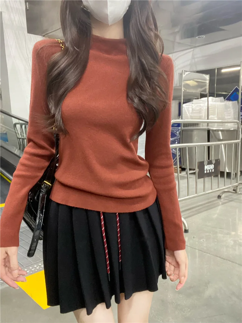 

Korobov Autumn Korean Casual Mock Neck Long Sleeve Solid Patchwork Slim Knitted Pullover