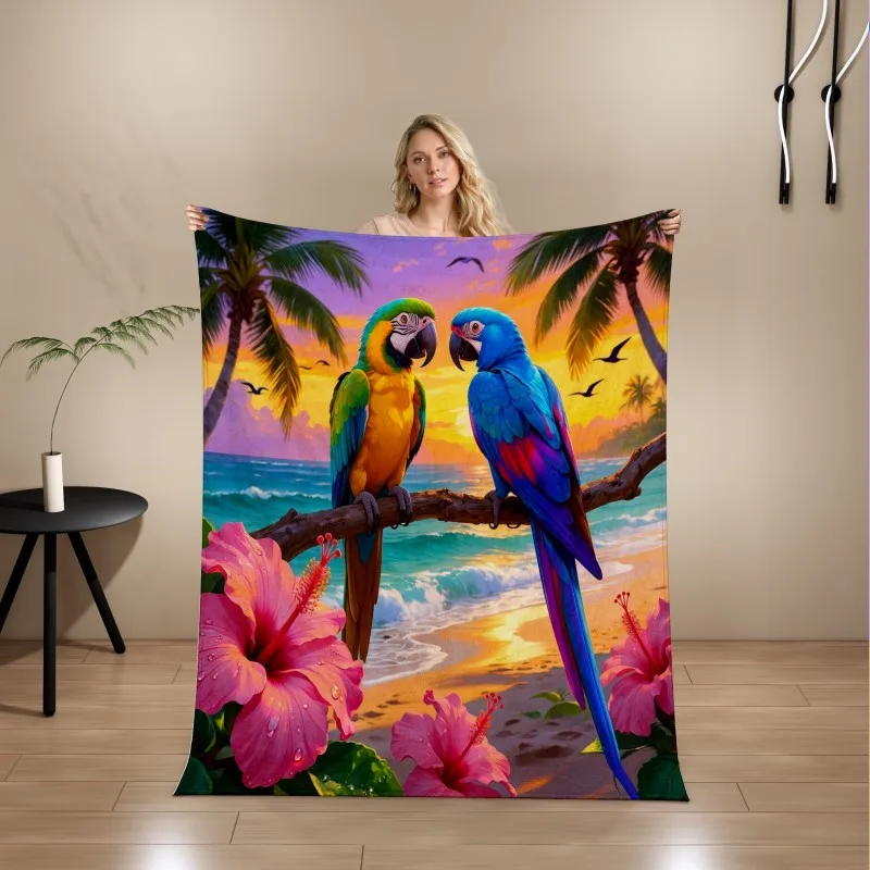 3D Beach Sunset Macaw Parrot Hibiscus Print Flannel Blanket, Soft Microfiber Throw Blanket for Sofa Bed, Tropical Home Gift