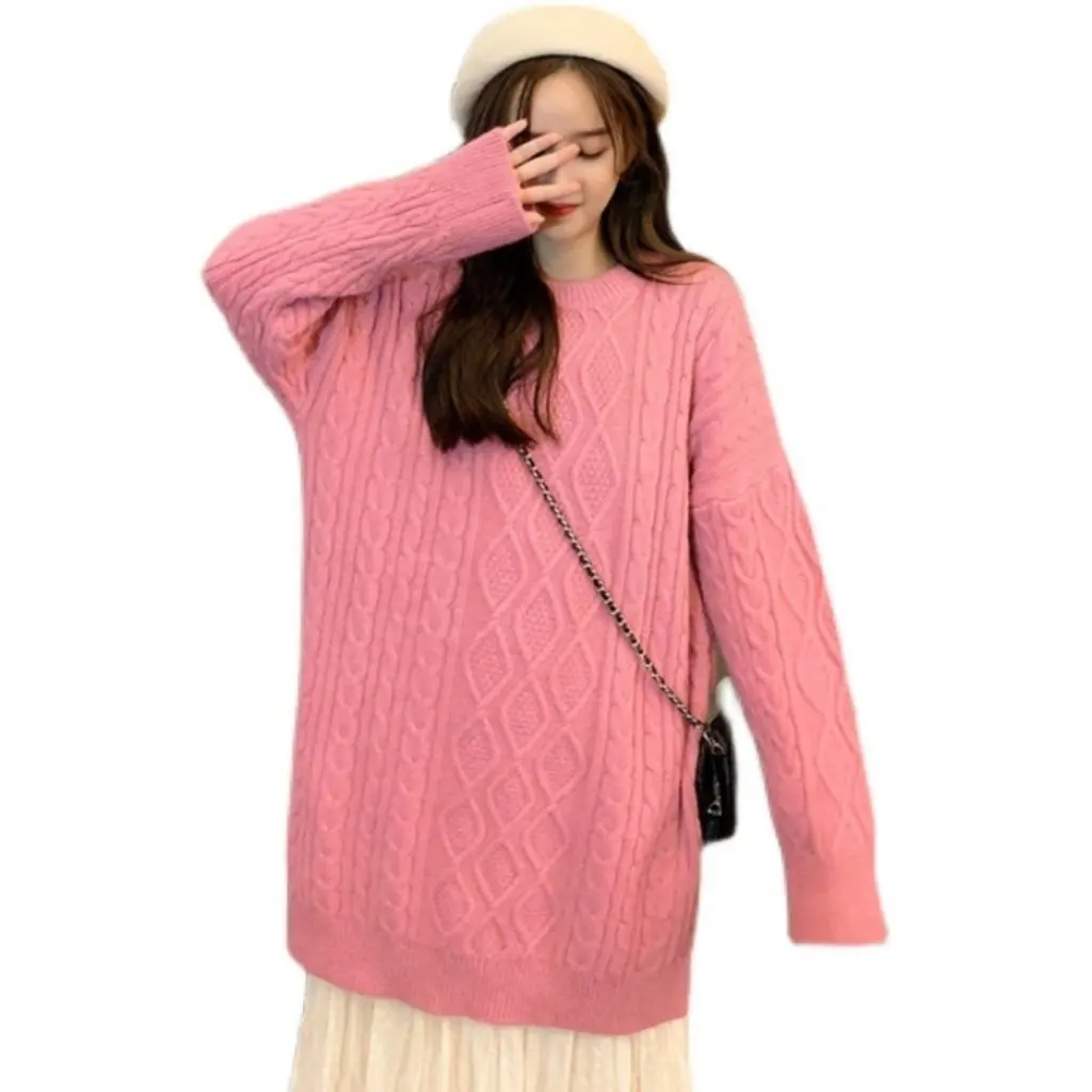 

Women's Fleece-Lined Thickened Japanese Twist Sweater Mid-Length Autumn Winter Outer Wear Loose Lazy Style Knit Top