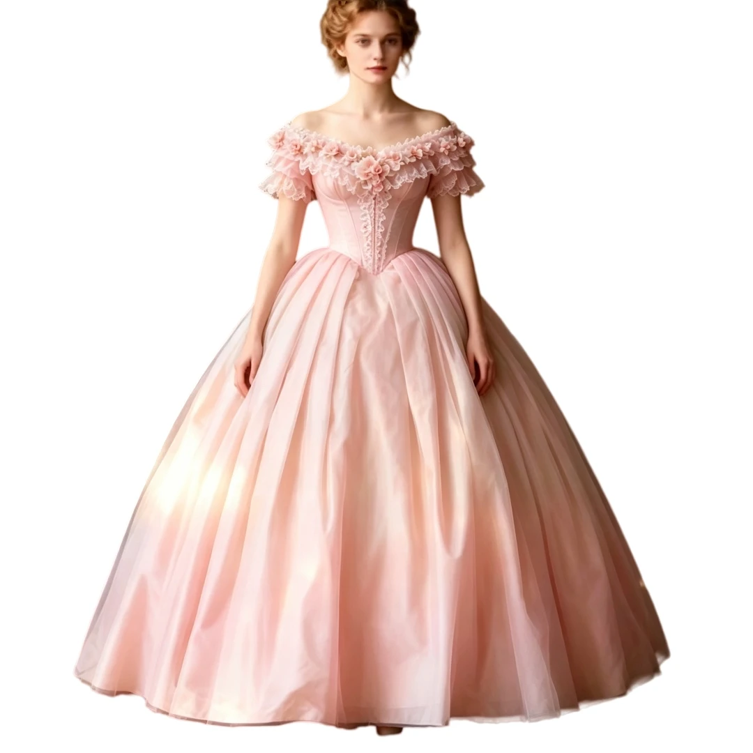 18th Victorian Prom Dress Blush Pink Off The Shoulder Ball Gown Corset Lace 3D Floral Vintage Princess Evening Gown Customized