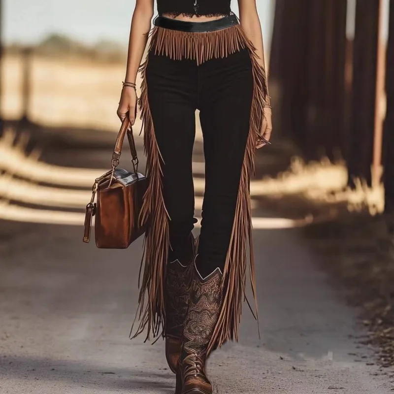 Pantalones étnicos Vintage con flecos a medida para mujer, moda Otoño Invierno, pantalones largos lisos de cintura alta, mallas con flecos negros 2025