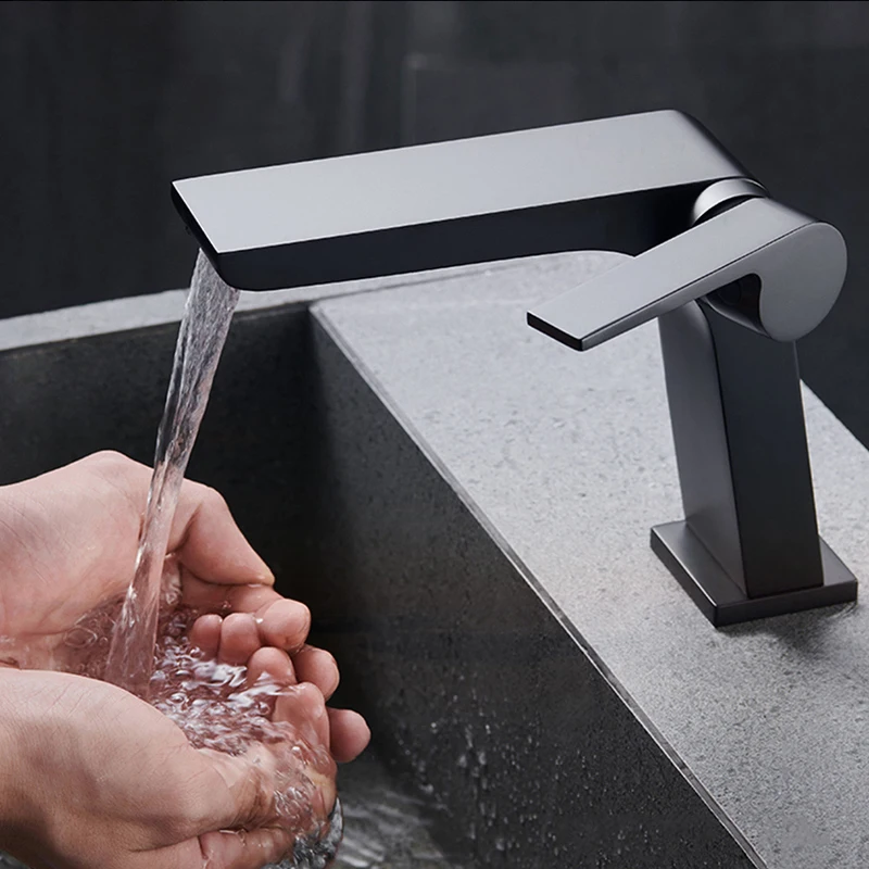 

NEW Basin Faucet Brass Bathroom Basin Waterfall Hot and Cold Water Mixer Tap Single Handle Crane Chrome Black Mixer Tap Gun Grey