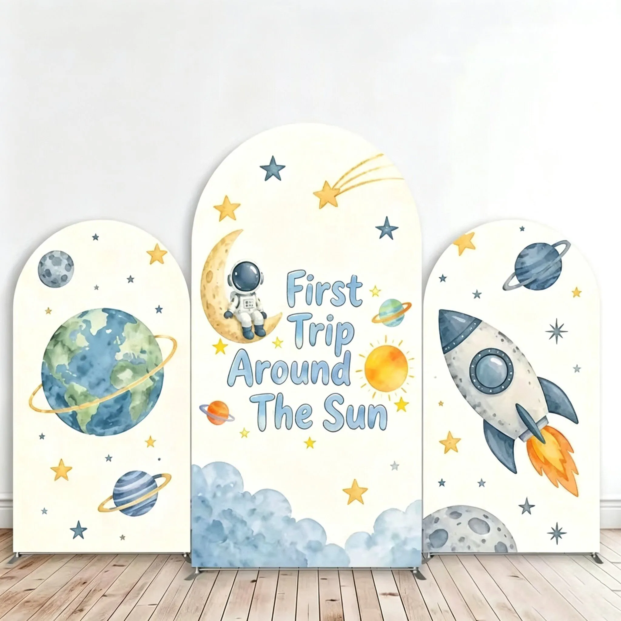 Custom 2-Side First Trip Around The Sun Baby Shower Arch Backdrop Cover Outer Space Planet Birthday Party Decor Backdrop Photo