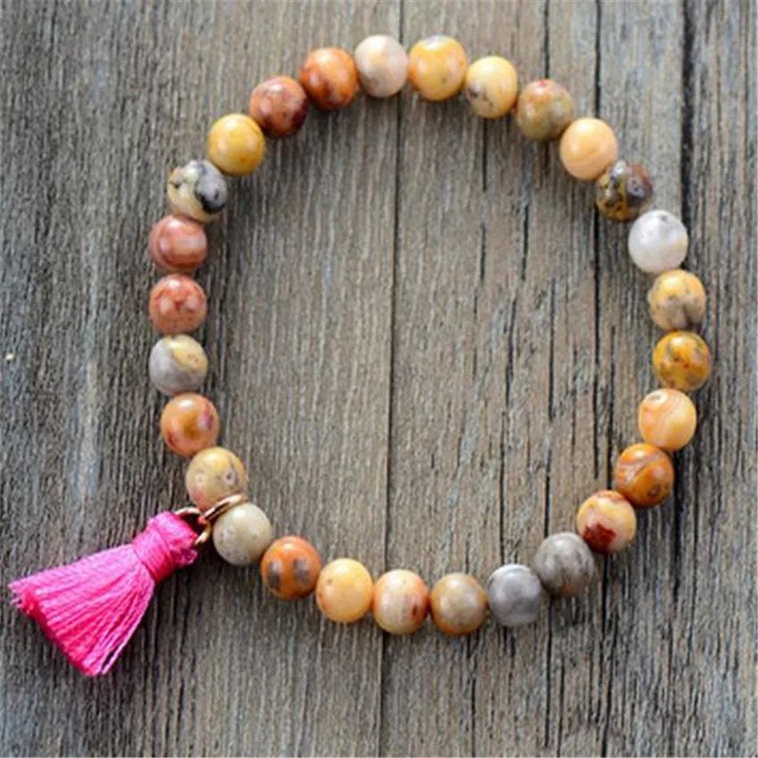 

8mm Multi Color Agate Gemstone Mala Bracelet Tassel 7.5 inches Men Semi-Precious Stones Ethnic Wrap Yoga