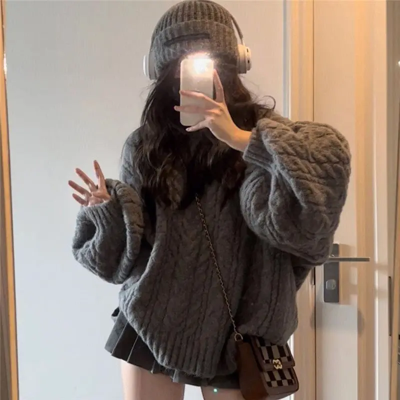 

New Retro Solid Color Oversized Sweater Fashion Grey Loose V-Neck Sweater Women Korean Style Casual Simple Pullover sweater y2k