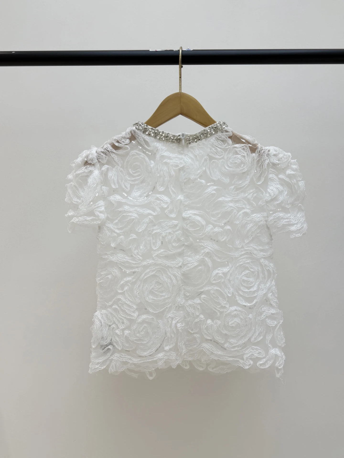 Self-portrait Summer Fashion Translucent White Rose Lace Top Women's O-Neck Gorgeous Diamond Short Sleeve Solid Color Tops