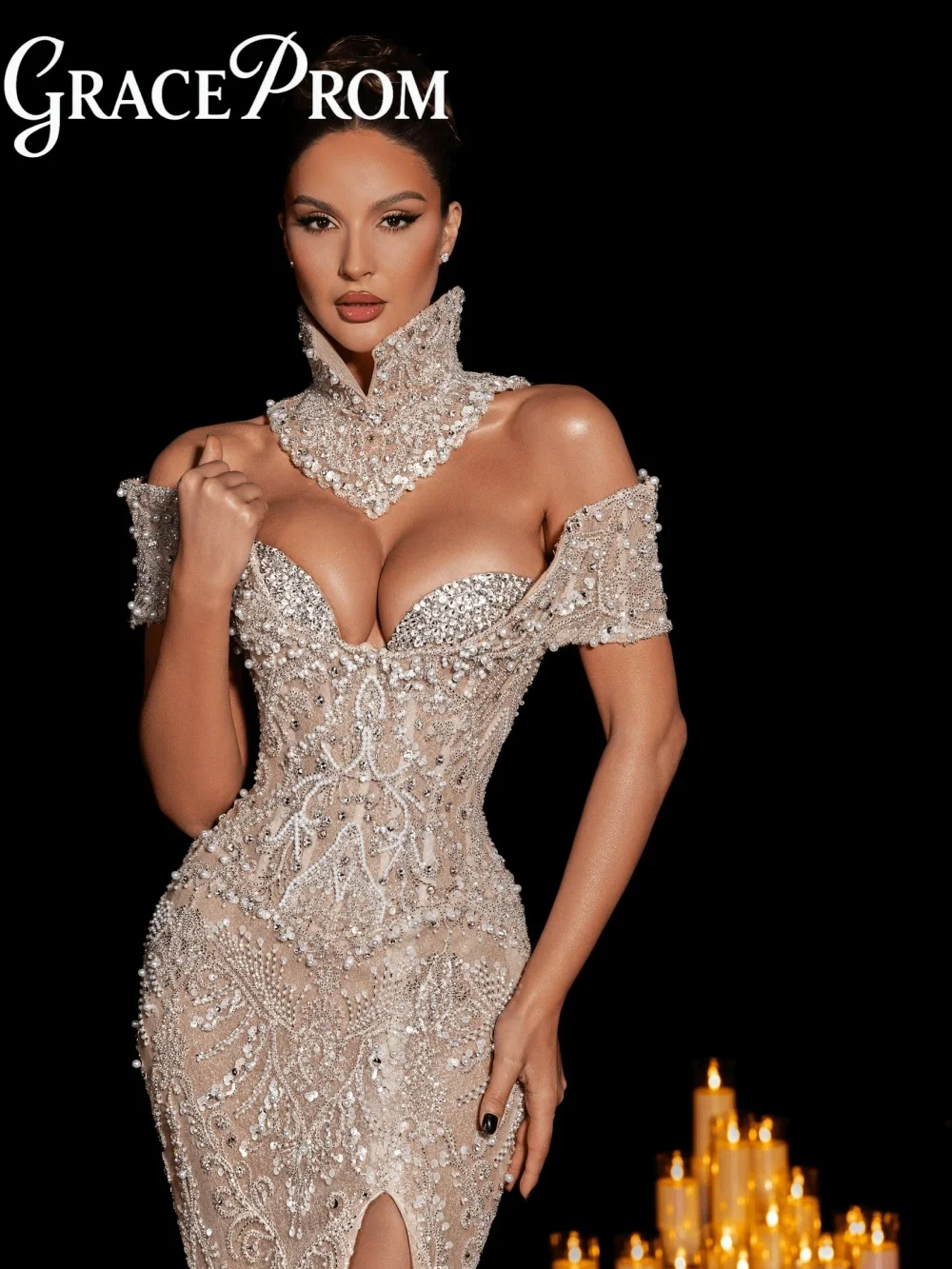 

GraceProm Fitted Beaded Evening Dress 2026 Stand Collar Off Shoulder Gown Trendy Floor-Length Red Carpet Gown robes de soirée