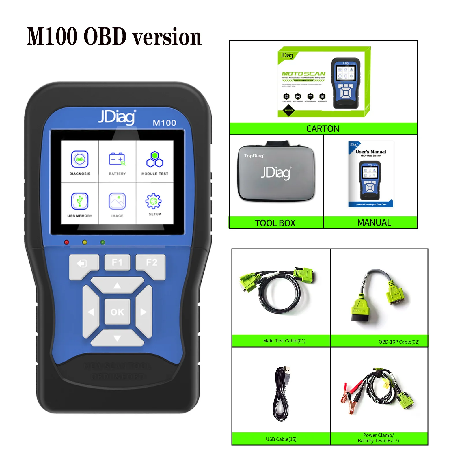 

JDIAG M100 OBD version motorcycle dual operating system motorcycle detection system and battery detection and diagnosis tool