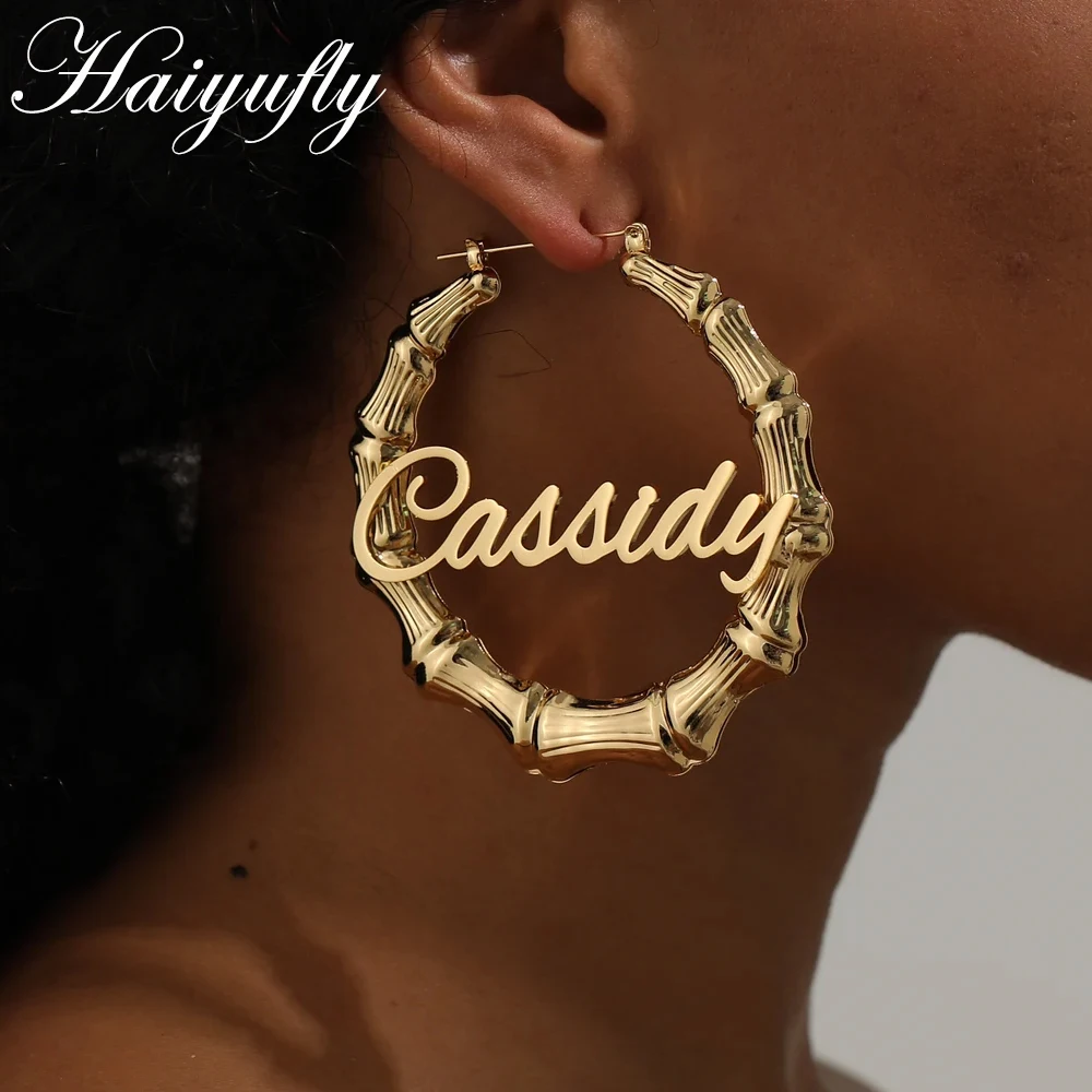 

Haiyufly Personalized Custom Name Bamboo Earring for Women Girls Stainless Steel Letter Hoop Earring Jewelry Mother's Day Gift