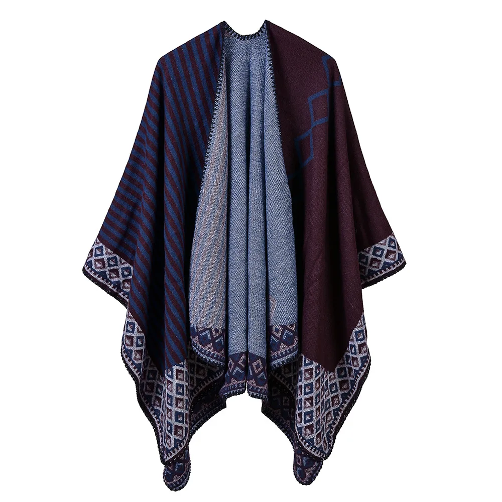 

2022 Women's Autumn Winter Stripe Office Air Conditioning Room Korean Warm Shawl Thickened Warm Shawl Cape Ponchos Lady Coat P7