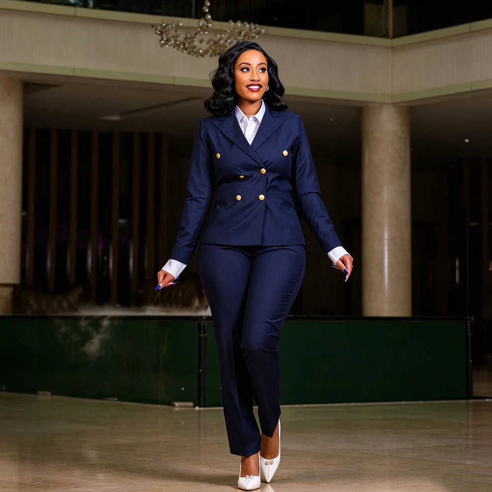 Elegant Navy Blue Women's Suit Two Pieces Set Notched Lapel Double Breasted Office Smart Casual Lady Outfit Fashion Trousers