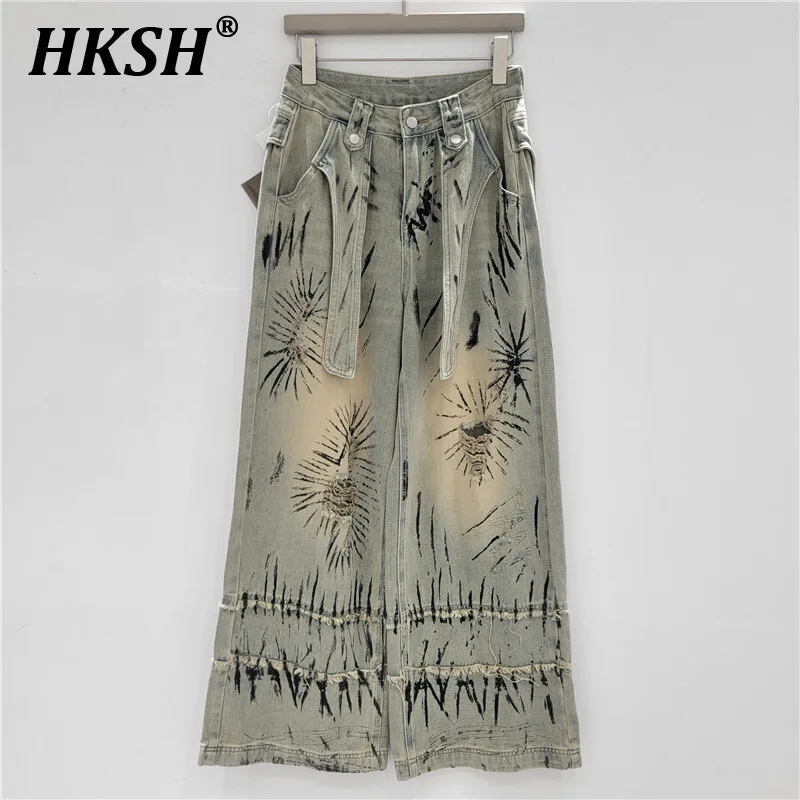 

HKSH 2025 Spring Summer New Women Punk Tide Fashion Jeans Heavy Personality Design High Sense Graffiti Retro Denim Pants HK4930
