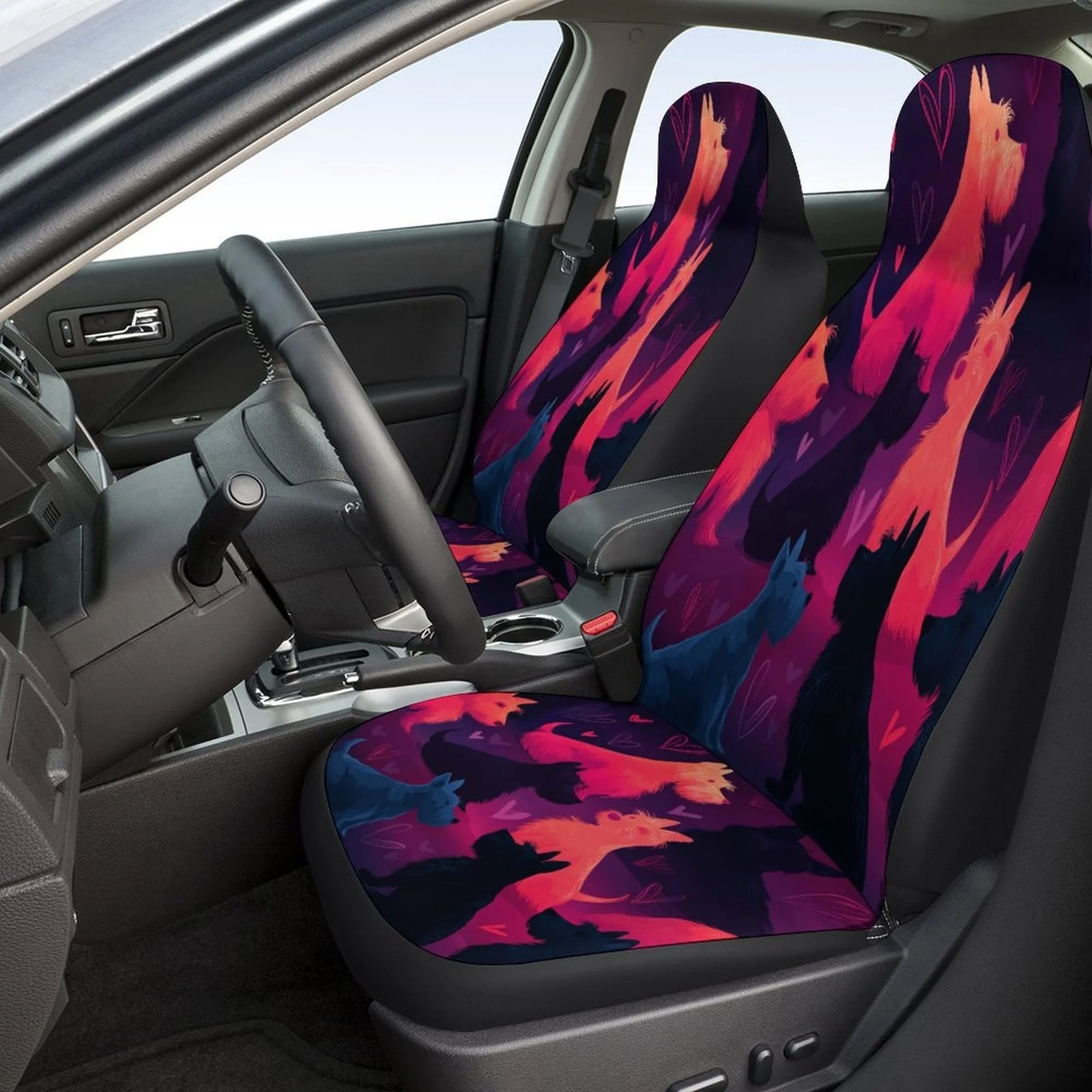Fit Dog & Hearts Themed Car Seat Covers Suitable For Most Cars - Full Set For Front & Rear Seats With Paw Print & Bone Patterns,