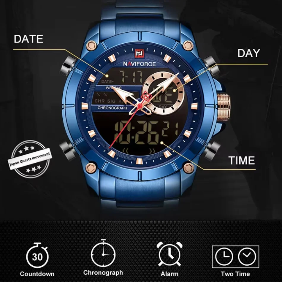 NAVIFORCE luksusowej marki męski zegarek na rękę wojskowe cyfrowe zegarki sportowe dla mężczyzny stalowy pasek zegar kwarcowy męski Relogio Masculino