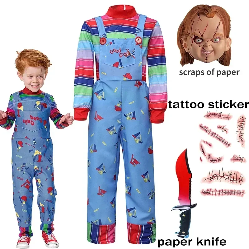 

Cosplay Costume Child S Play Cosplay Shirt Rompers Full Set Props Mask Tattoo Sticker Halloween Costumes for Kids new