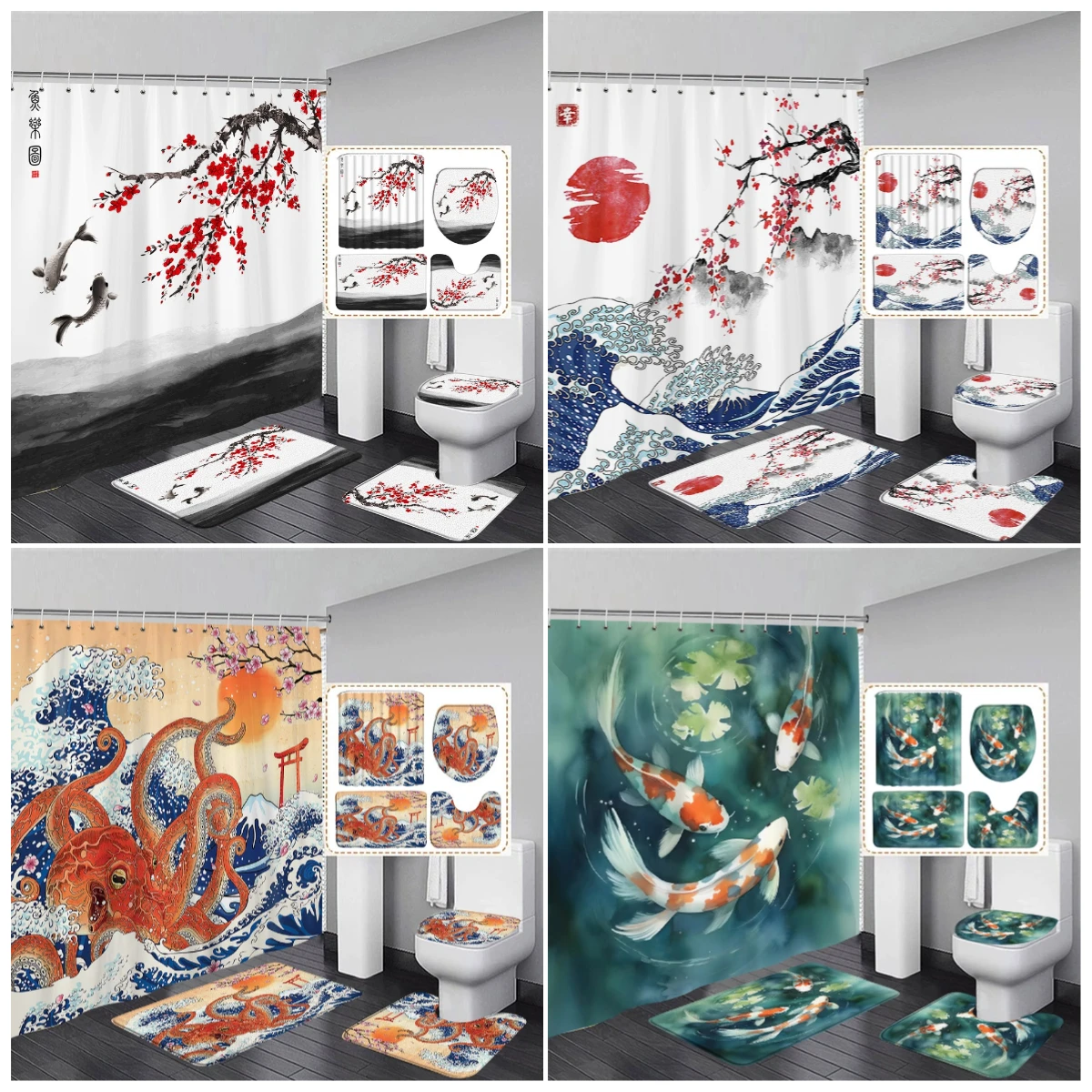 Japanese Style Shower Curtain Set Cherry Blossom Koi Carp Octopus Ocean Waves Ink Art Bathroom Decoration Bath Mats Toilet Cover