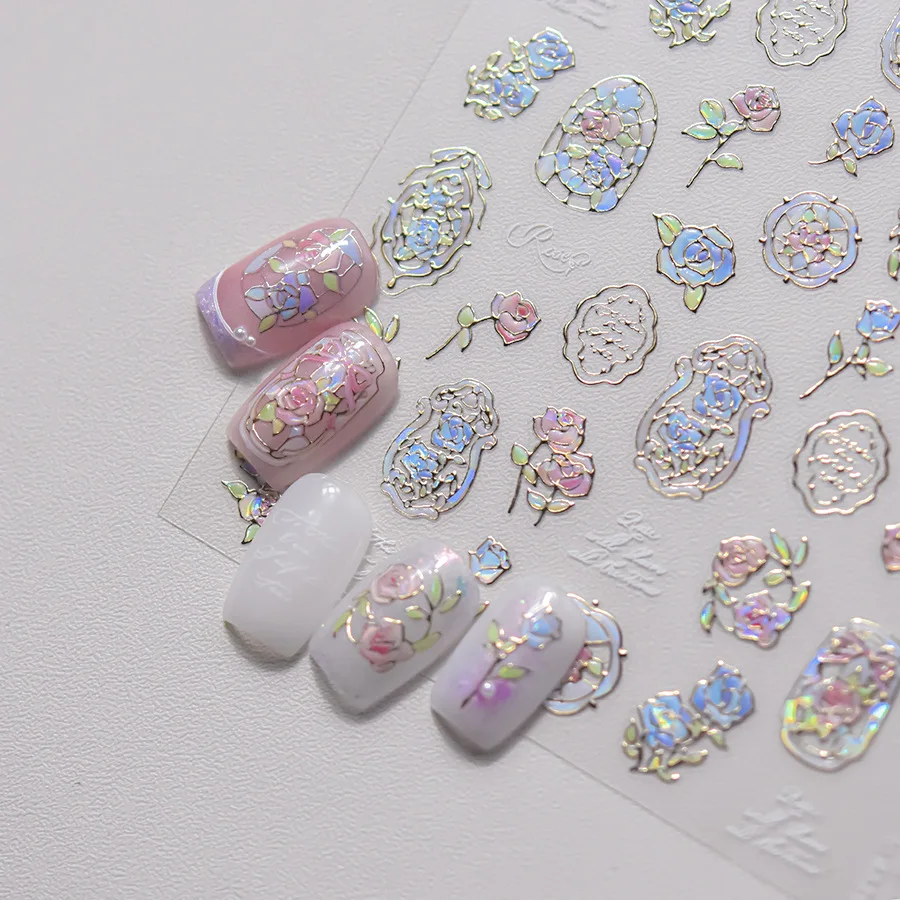 Flash Dreamy Rose Window Flowers Color Blocks Nail Art Stickers High Quality Adhesive Decal Manicure Decoration T-4528