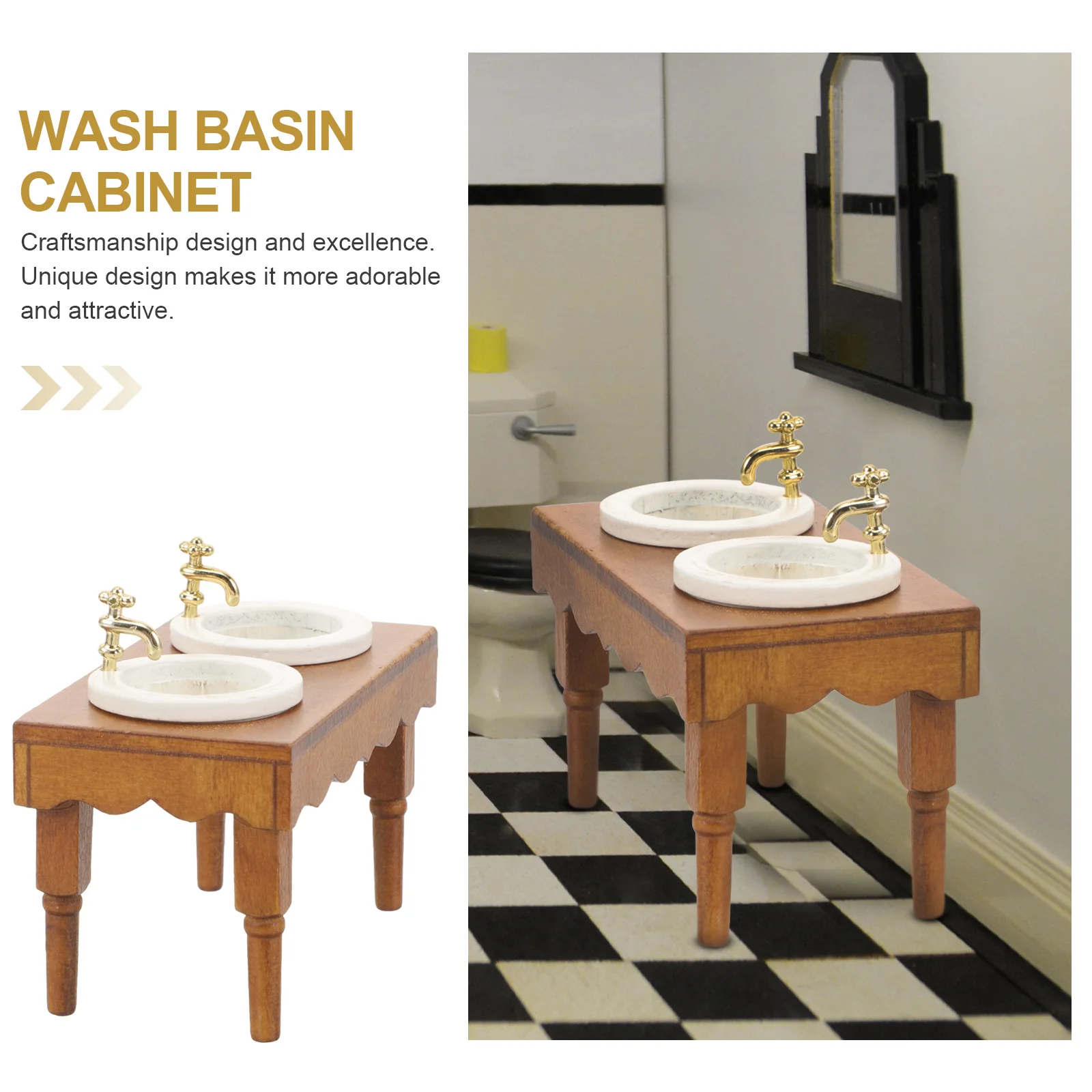 Mini muebles de baño, lavabo de madera en miniatura, suministro para el hogar marrón claro, diseño artesanal realista, Mini hogar