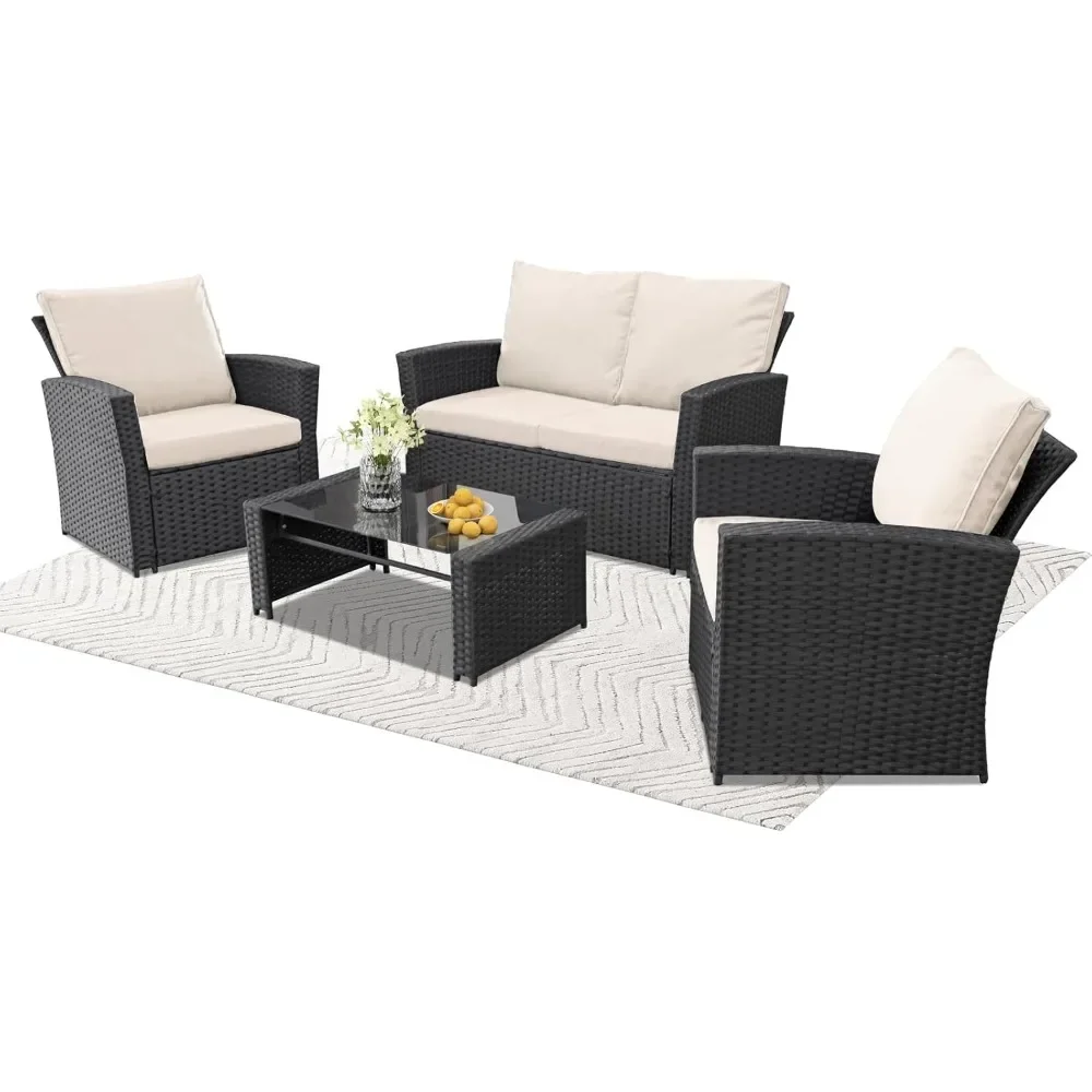 

4 Piece Outdoor Patio Furniture Set,Wicker Conversation Sets Outdoor Sectional Patio Sofa Couch with Cushions & Coffee Table for