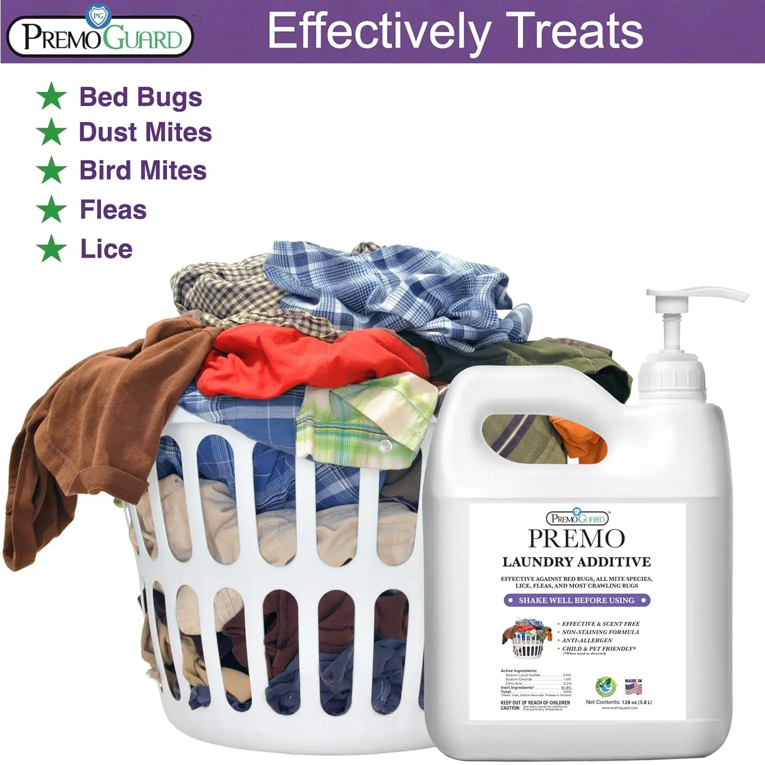 

Bed Bug Mite & Lice Laundry Detergent Additive By Premo Guard 128 oz Child & Pet Friendly Stain & Odor Free