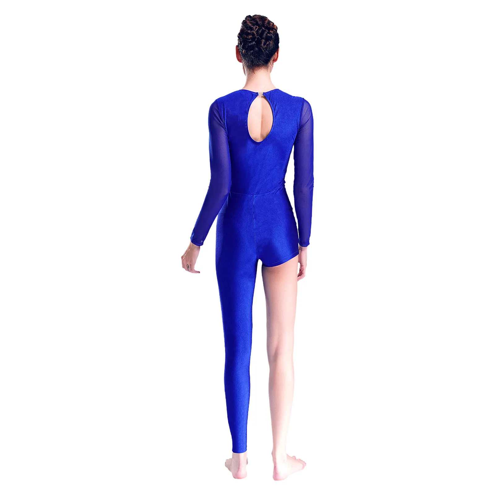 Women Leotards Gymnastics Unique Asymmetrical Jumpsuit Sheer Mesh Long Sleeve Shiny Rhinestones Bodysuit One-piece Gym Dancewear