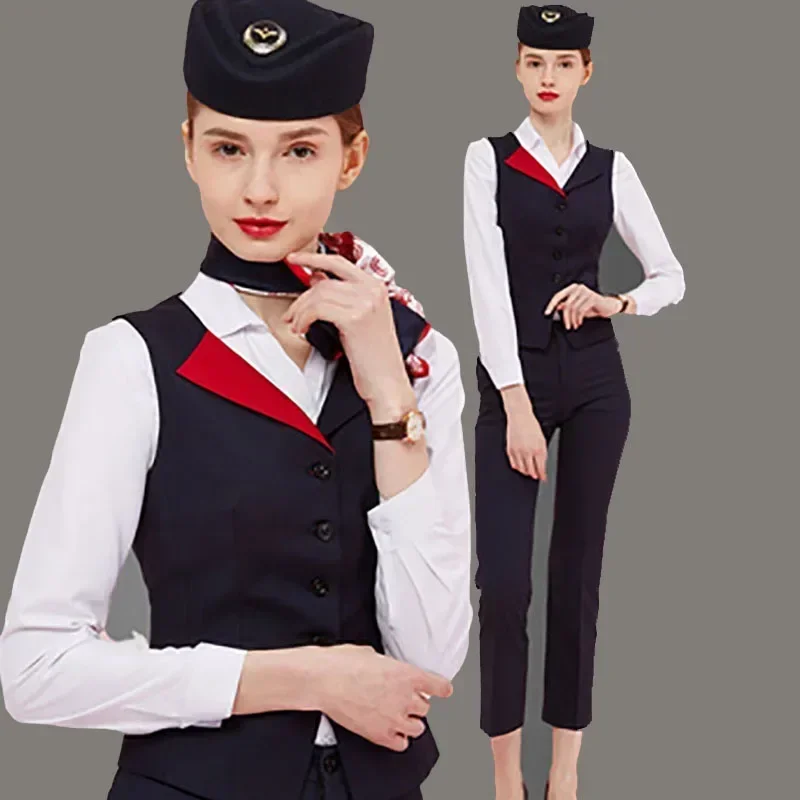 

New Spring Summer Flight Aviation Qantas Stewardess Waiter's Professional Work Clothes Vest Suit Trousers Worker Uniform