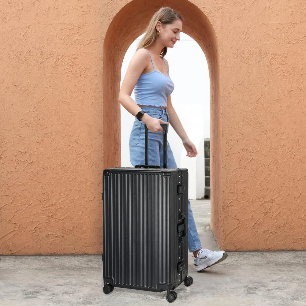 Maleta de equipaje con cerradura TSA de carcasa dura con marco de aluminio, 28 pulgadas, color negro, sin cremallera, esencial para viaje