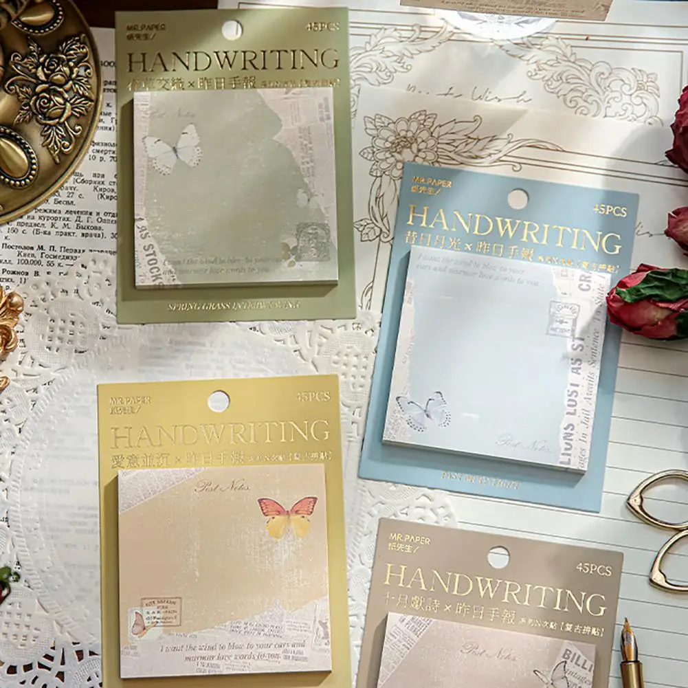 Elegant Stamped Butterflies Pattern Sticky Notes Vintage Hand Writing Paper Report Series Simple Memo Convenience Stickers