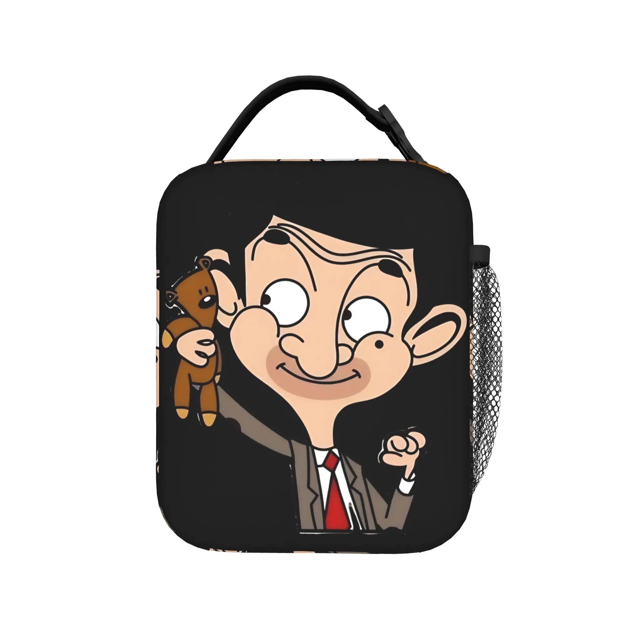 Cartoon Mr Bean Hold Teddy Bear Cute Sticker Style Print Lunch Bag Retro Picnic Lunch Box Print Convenient Cooler Bag
