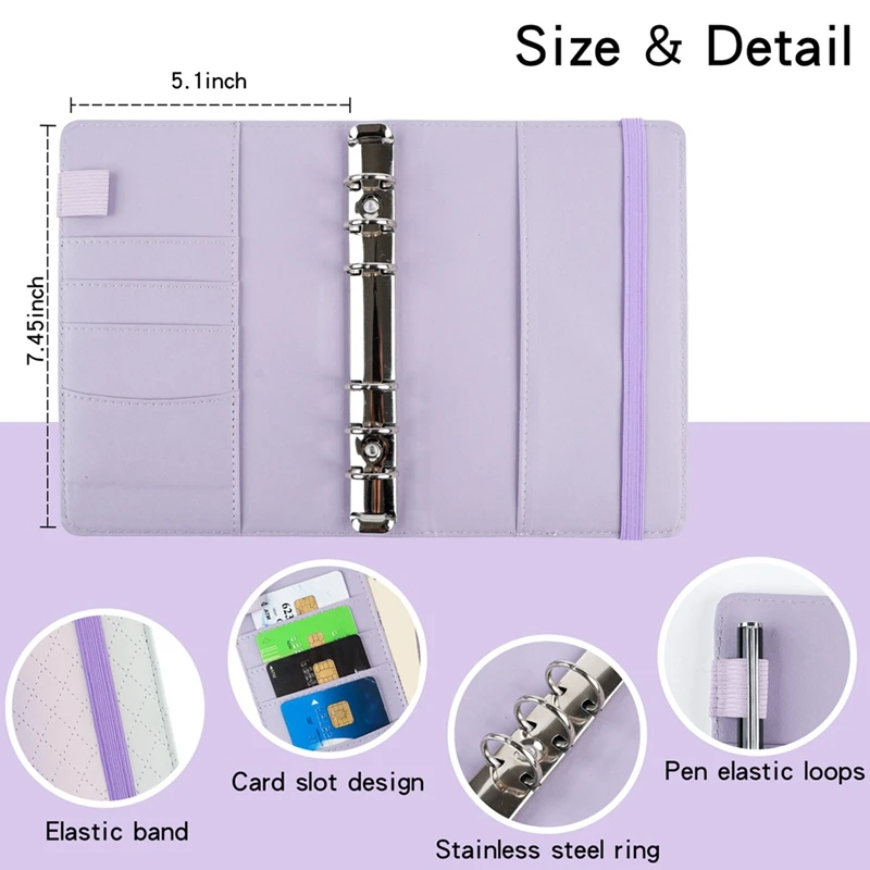 그라디언트 마카롱 바인더 핸드 레저 노트북, PU 가죽, 느슨한 잎 책, 현금 예산서, 지퍼 백 포함, A6