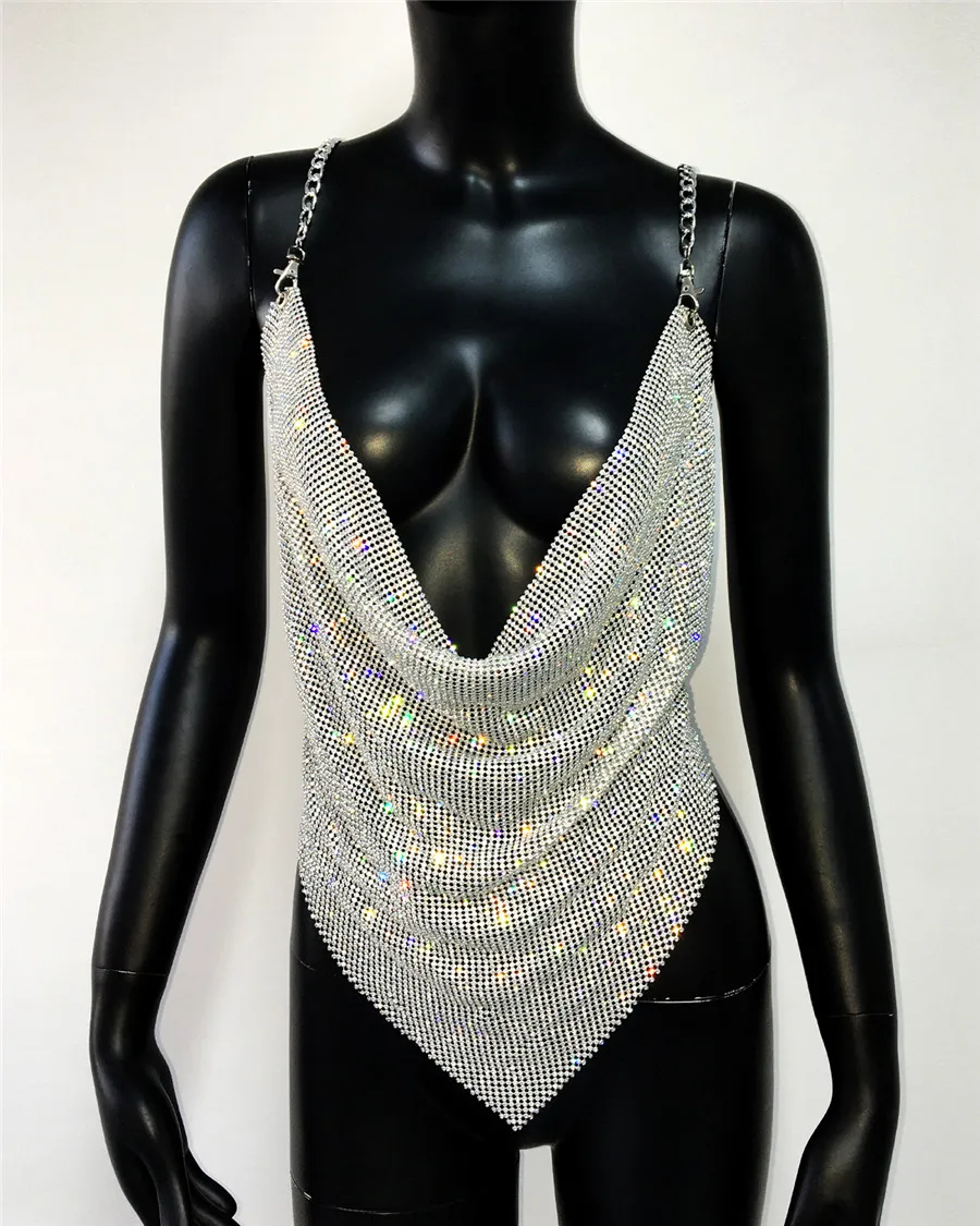 Shiny Rhinestone V Neck Tank Top 2024 Sexy Backless Metal Chain Spaghetti Straps Sling Camisole Women Nightclub Party Crop Top