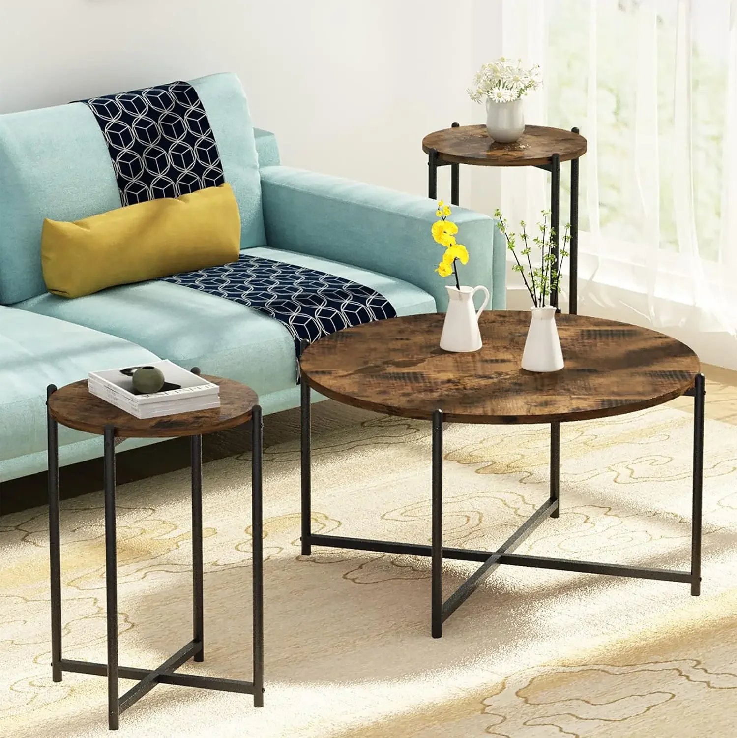 Living Room Coffee Table Set, Rustic Brown Living Room Table Set of 3 Modern Round Center Table with Metal Legs