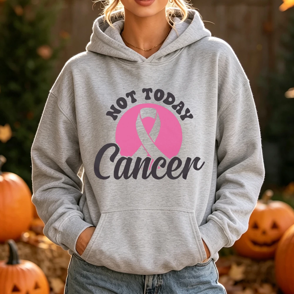 Not Today Cancer Hoodie Women Pink Ribbon Breast Cancer Awareness Support Graphic Warm Long Sleeve Pullover