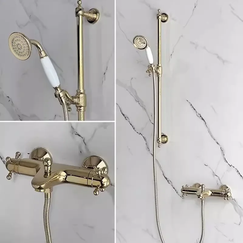 Shower Faucet Set Wall Mounted Classical Thermostatic Bathtub Faucet Set Chrome Total Brass Bath & Shower Mixer Set