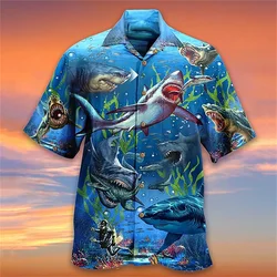 Camisa masculina com estampa de tubarão verão animal e planta padrão camisas masculinas havaí praia camisa de manga curta férias masculinas camisa casual