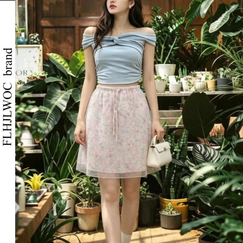 Japanese Style Girls Sweet Lolita Floral Midi Skirt Cute Ruffle Shirring Waist Vintage High Waist Sheer Skirt for Daily Party