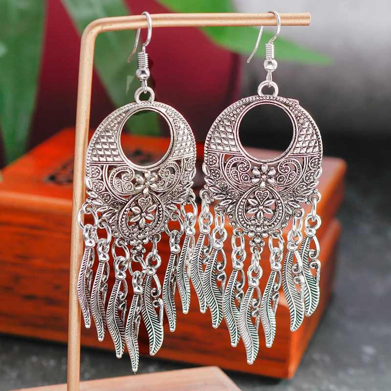 Aihua Mode Aussage böhmischen Vintage ethnischen großen runden Tropfen Ohrring lange geschnitzte Blumen Tropfen Ohrringe für Frauen – Detail 7