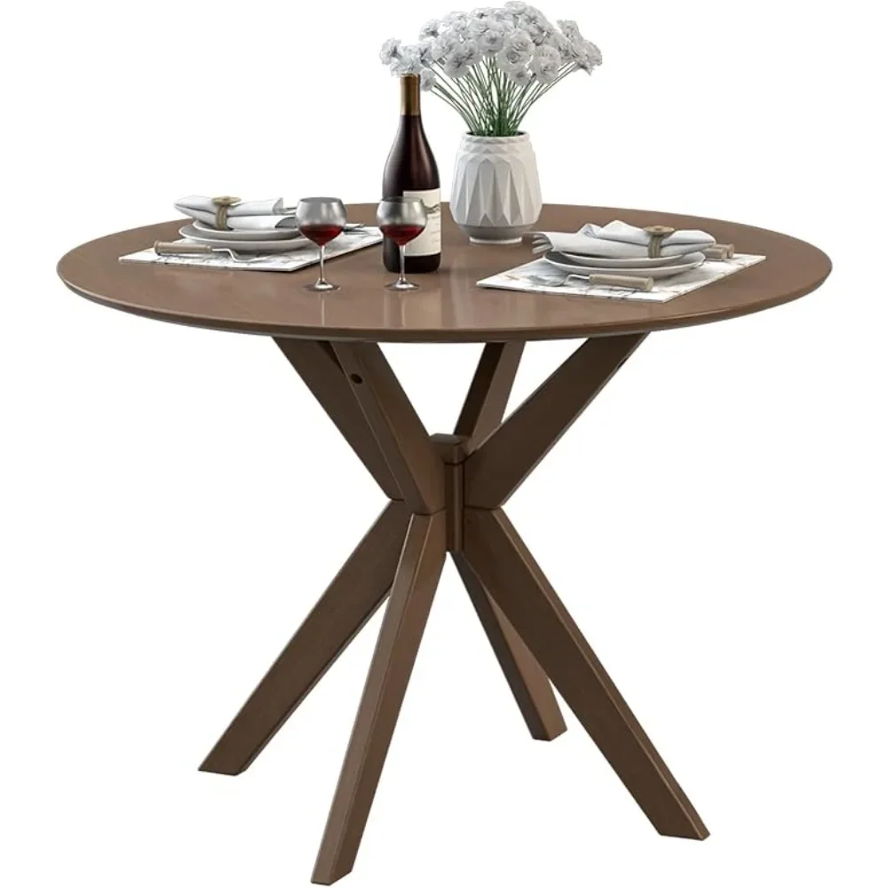 

Round Dining Table for 2 to 4 Seater, Solid Wood Kitchen Table, Compact Side Table - 35.4 Inch Walnut Wood Tabletop -Trestle