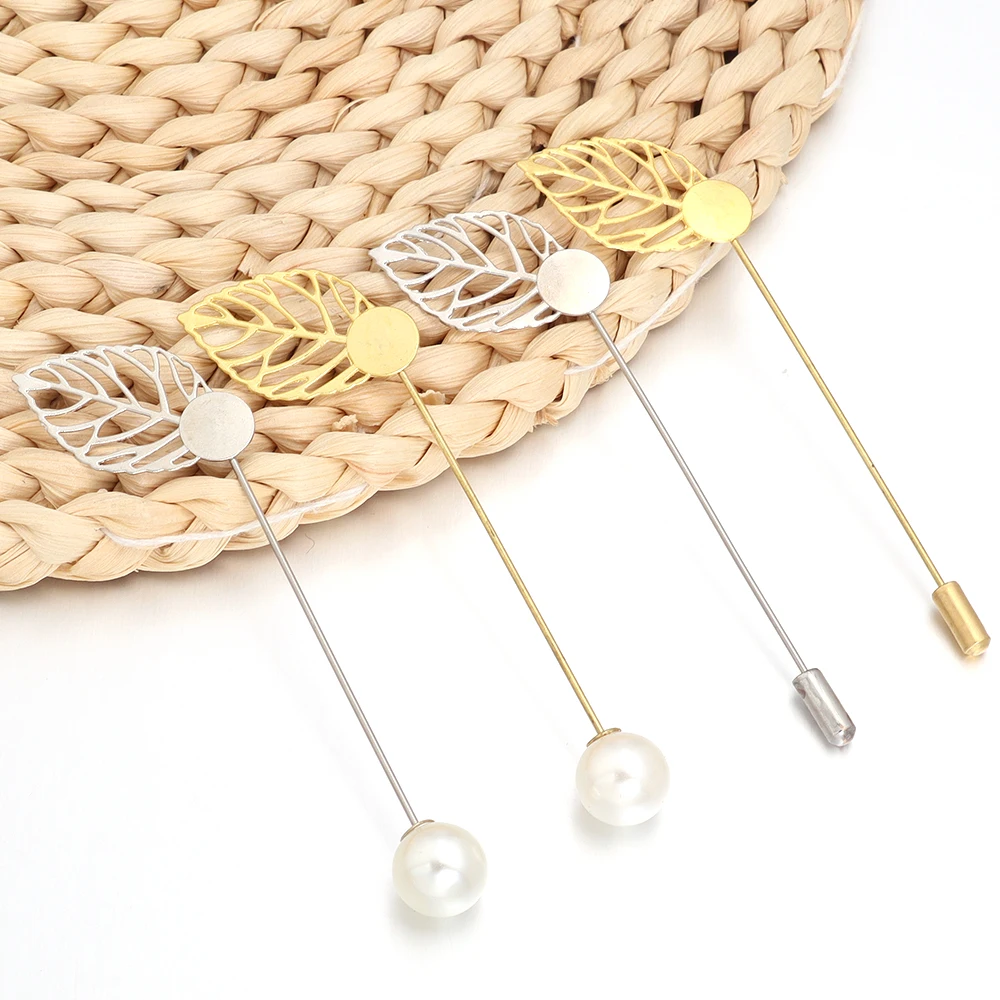 

10pcs/lot Leaf Brooch Gold Leaves 18X32mm Imitation Pearl 12mm Needle 72mm Men and Women Dress DIY Jewelry Brooch Accessories