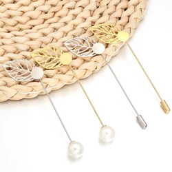 10pcs/lot Leaf Brooch Gold Leaves 18X32mm Imitation Pearl 12mm Needle 72mm Men and Women Dress DIY Jewelry Brooch Accessories