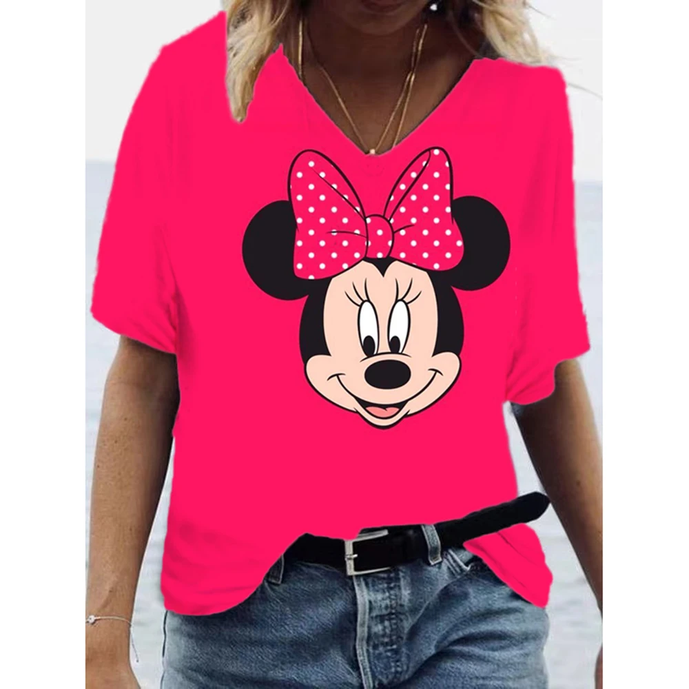 Summer Women's T-Shirt Short Sleeve V-Neck Disney Minnie Mouse Print Top Casual Street Loose 2023 Women's T-Shirt Top