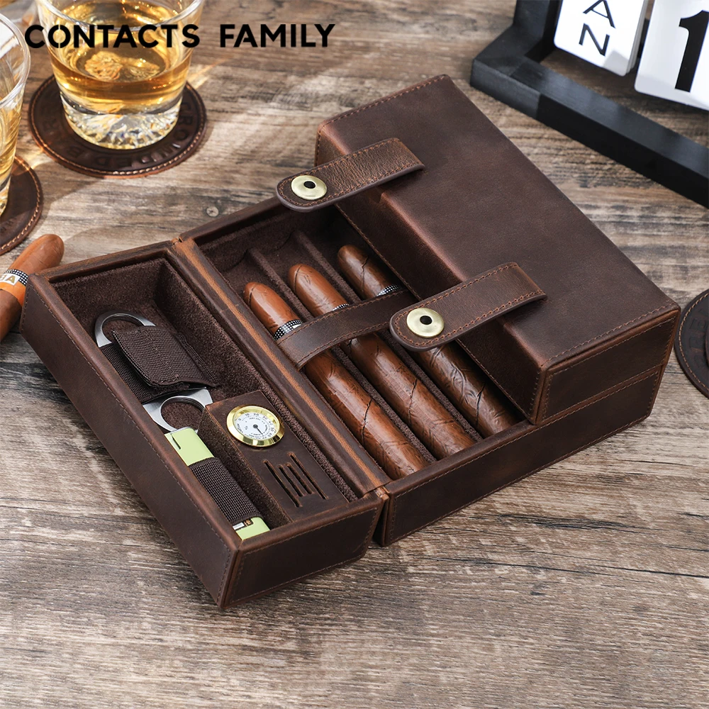Genuine Leather Portable Humidor Cigar Travel Case 7 Tube Holder Built in Hygrometer Humidifier Magnetic Closure Cigar Box