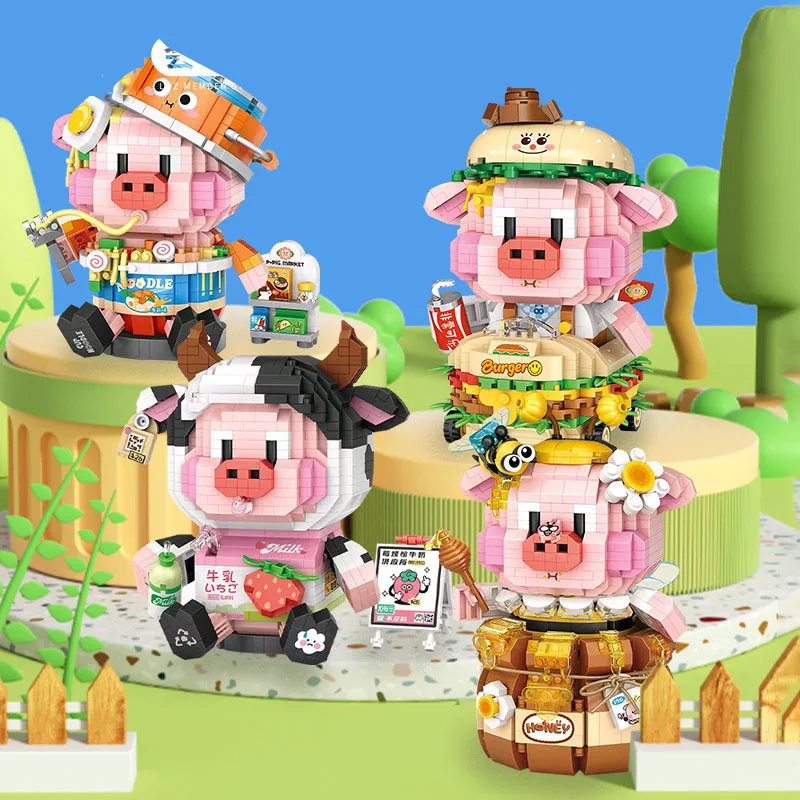 

Cartoon Animal Food Micro Diamond Block Pig Building Bricks Strawberry Milk Hamburger Honey Instant Noodles Nanobricks Toys