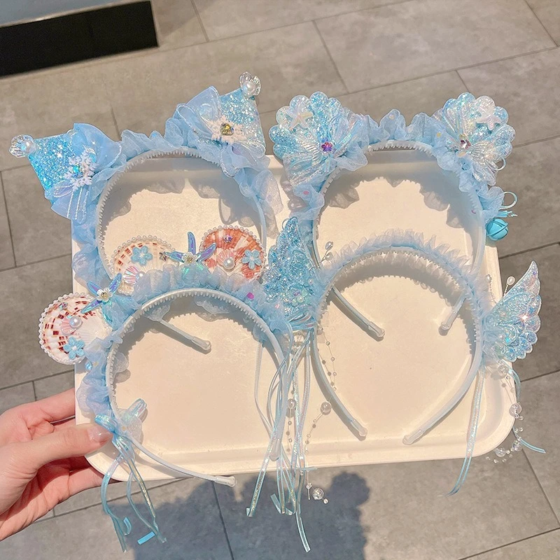 الأزرق سلسلة الأطفال مشبك شعر لطيف الكرتون المحيط حورية البحر الأميرة رباط شعر الاطفال الملحقات الدانتيل Bowknot الفتيات مشبك شعر